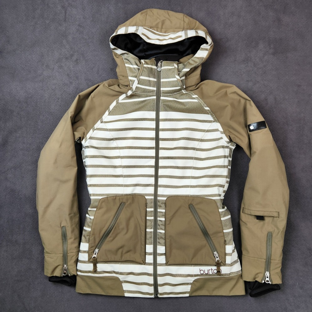 Burton Dante Snowboard Jacket Womens Small Tan White Stripe Hooded Insulated Ski